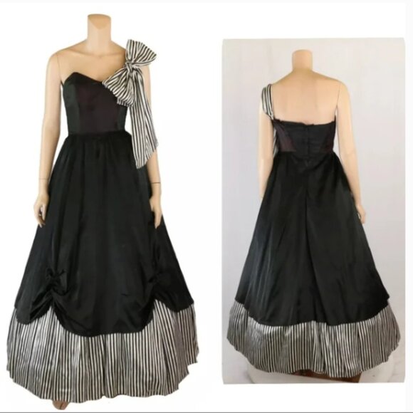 Vintage 1980s Gunne Sax Holiday Party Dress Black Satin Striped One Shoulder 9 - Picture 3 of 9